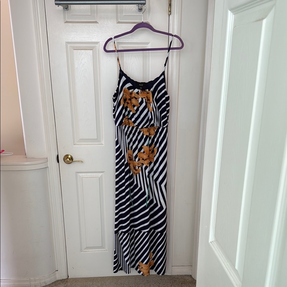 Striped Navy Blue and White Dress with Floral Accents